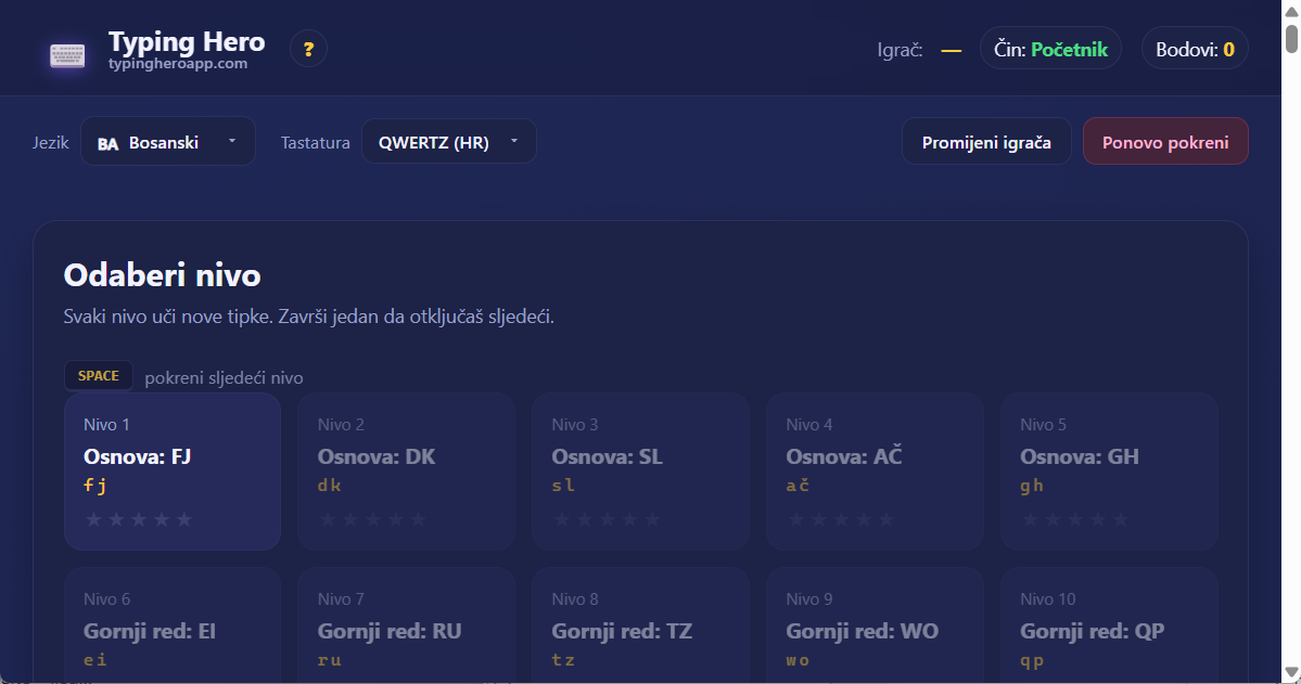 Typing Hero App bosanski kurs slijepog kucanja — snimak ekrana sučelja