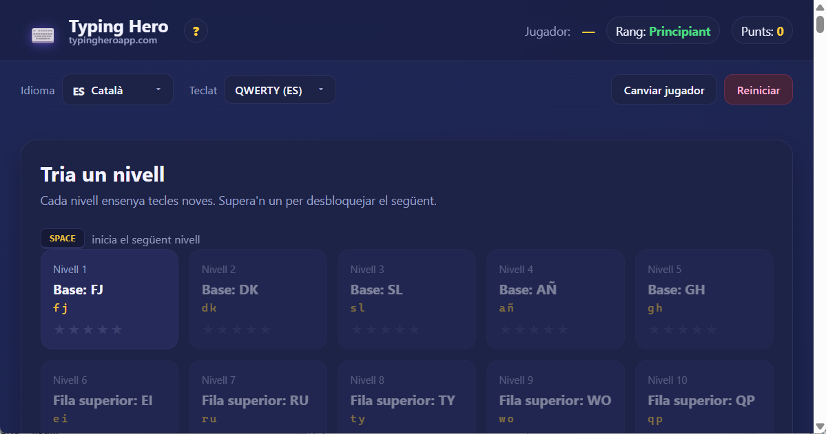 Typing Hero App tutor de mecanografia en català — captura de pantalla de la interfície