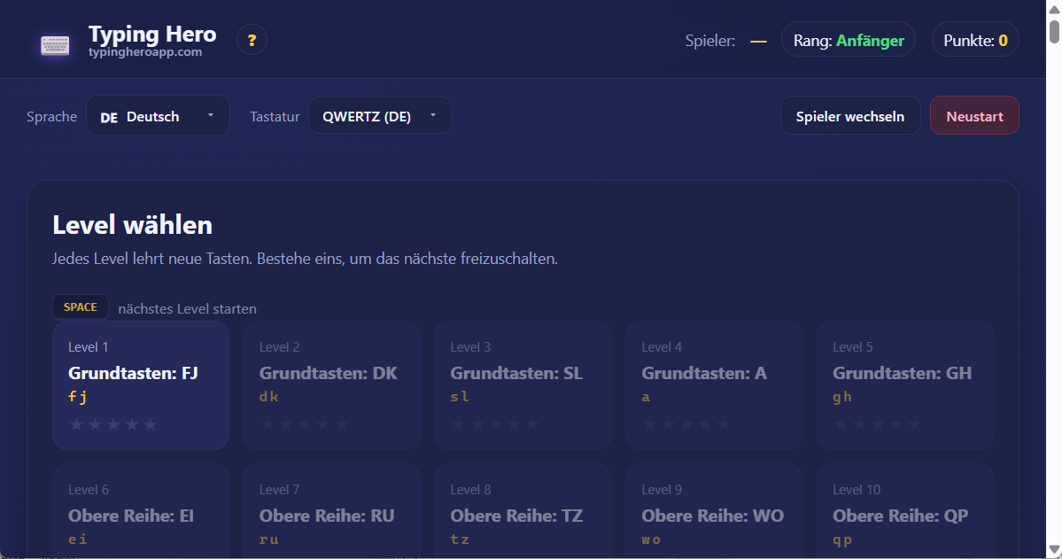 Typing Hero App deutscher Schreibtrainer — Screenshot der Benutzeroberfläche