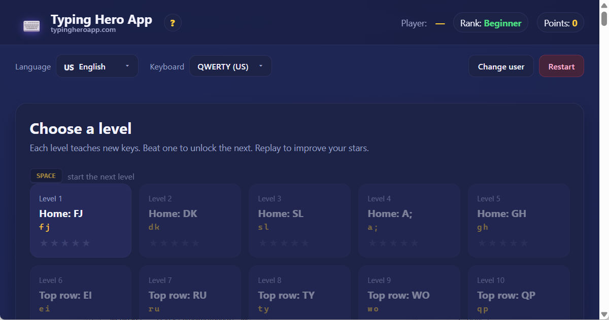 Typing Hero App English typing tutor — app interface screenshot