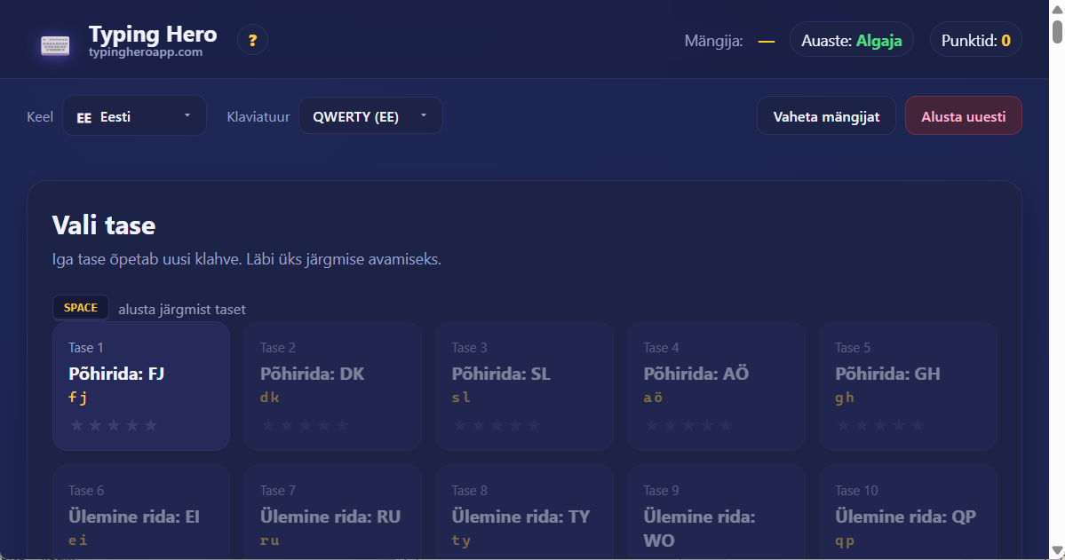 Typing Hero App eesti puutetrüki kursus — kasutajaliidese ekraanipilt