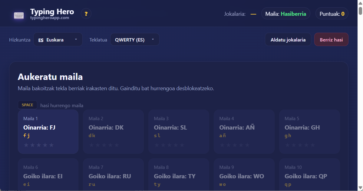 Typing Hero App euskara mekanografia ikastaroa — interfazearen pantaila-argazkia