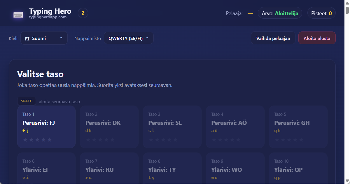 Typing Hero App suomalainen sokkokirjoituskurssi — käyttöliittymän kuvakaappaus