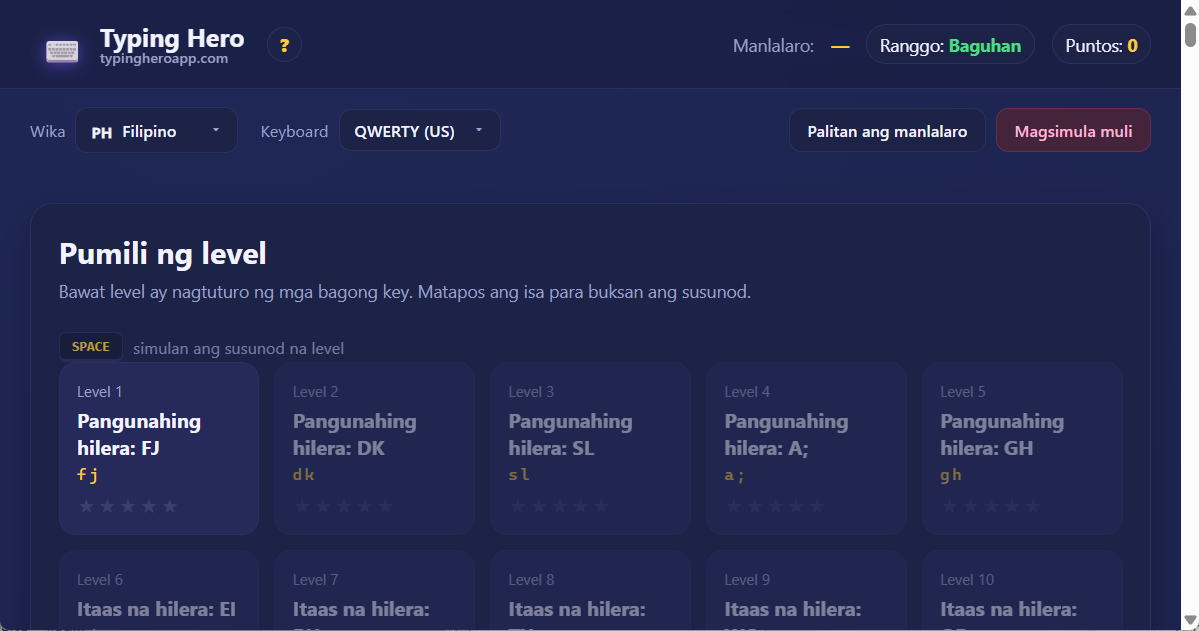 Typing Hero App tutor sa pag-type sa Filipino — screenshot ng interface