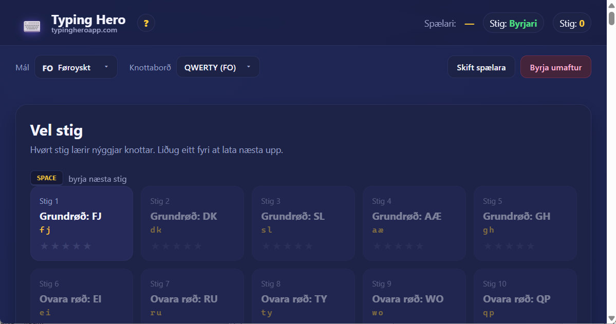 Typing Hero App føroyskt blindskrivingarskeið — skíggjamynd av markamóti