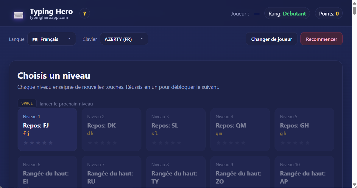 Typing Hero App tuteur de dactylographie française — capture d'écran de l'interface