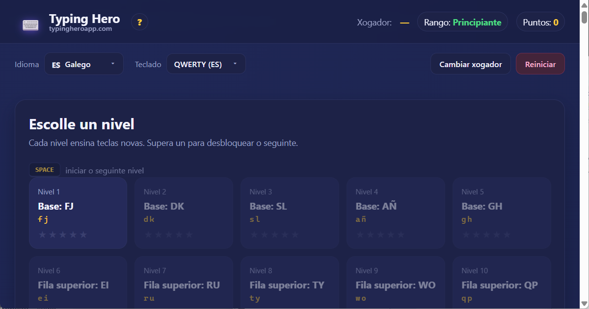 Typing Hero App tutor de mecanografía en galego — captura de pantalla da interface