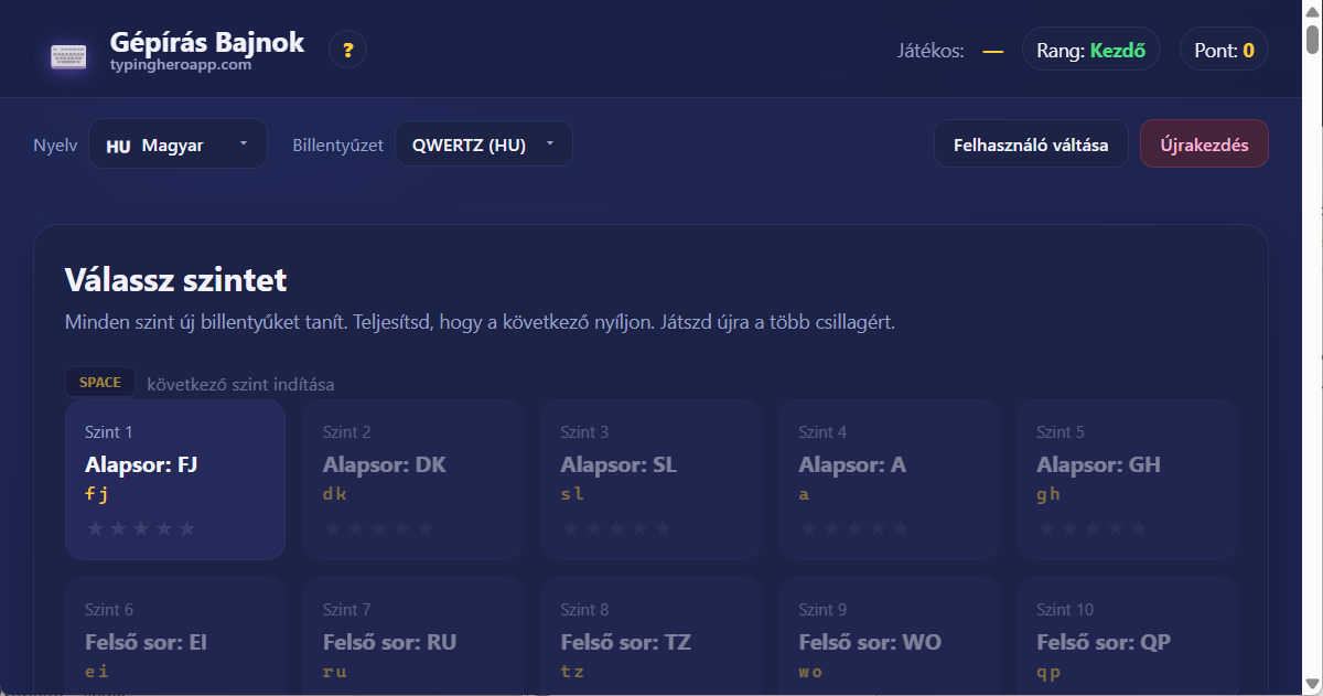Typing Hero App magyar gépírás-oktató kezelőfelületének képernyőképe