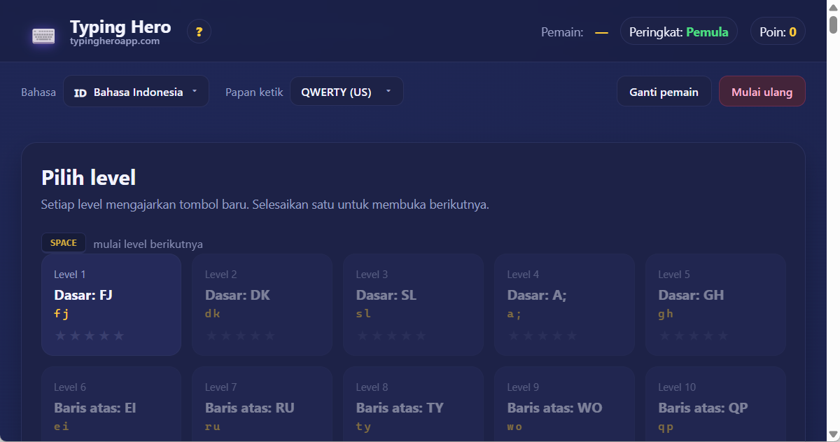Typing Hero App tutor mengetik bahasa Indonesia — tangkapan layar antarmuka