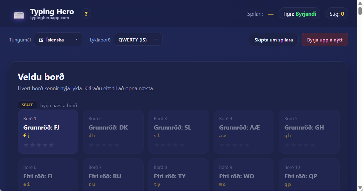 Typing Hero App íslenskt vélritunarnámskeið — skjáskot af viðmóti
