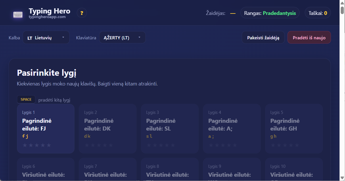 Typing Hero App lietuvių aklojo rinkimo kursai — sąsajos ekrano kopija
