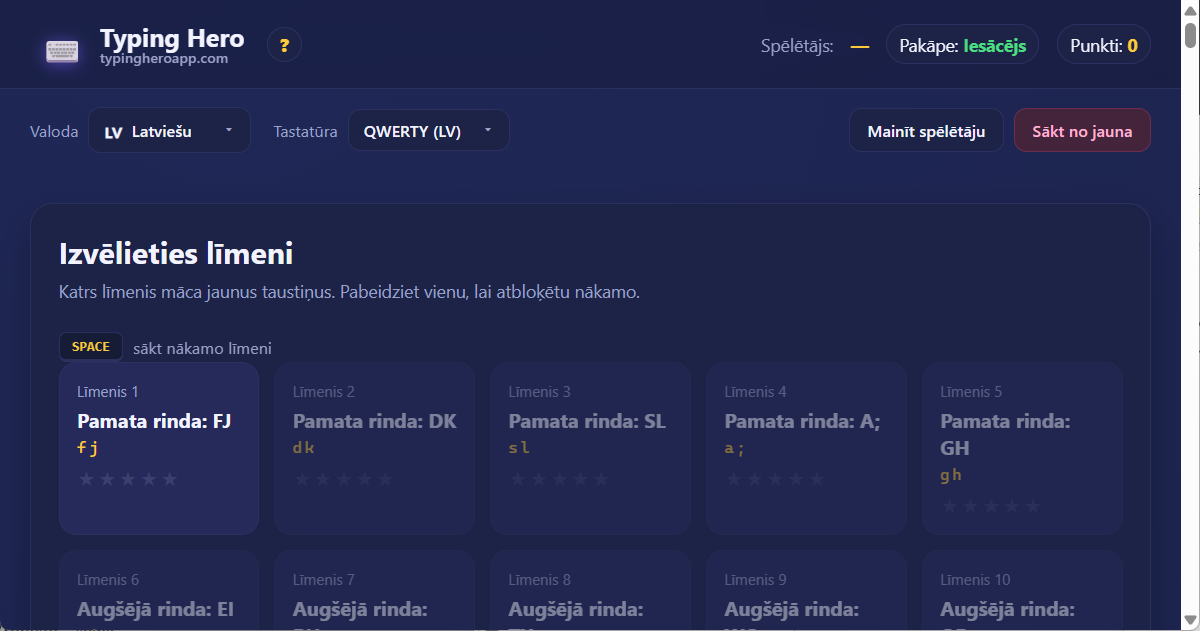 Typing Hero App latviešu aklās rakstīšanas kurss — saskarnes ekrānuzņēmums