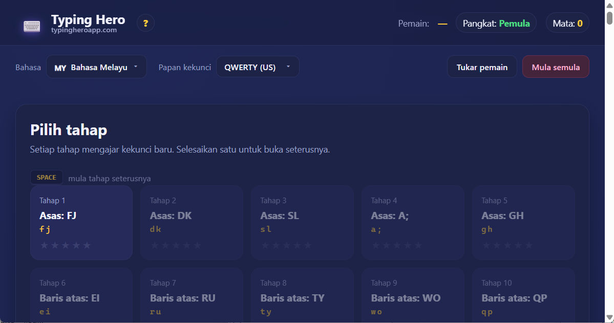 Typing Hero App tutor menaip bahasa Melayu — tangkapan skrin antara muka