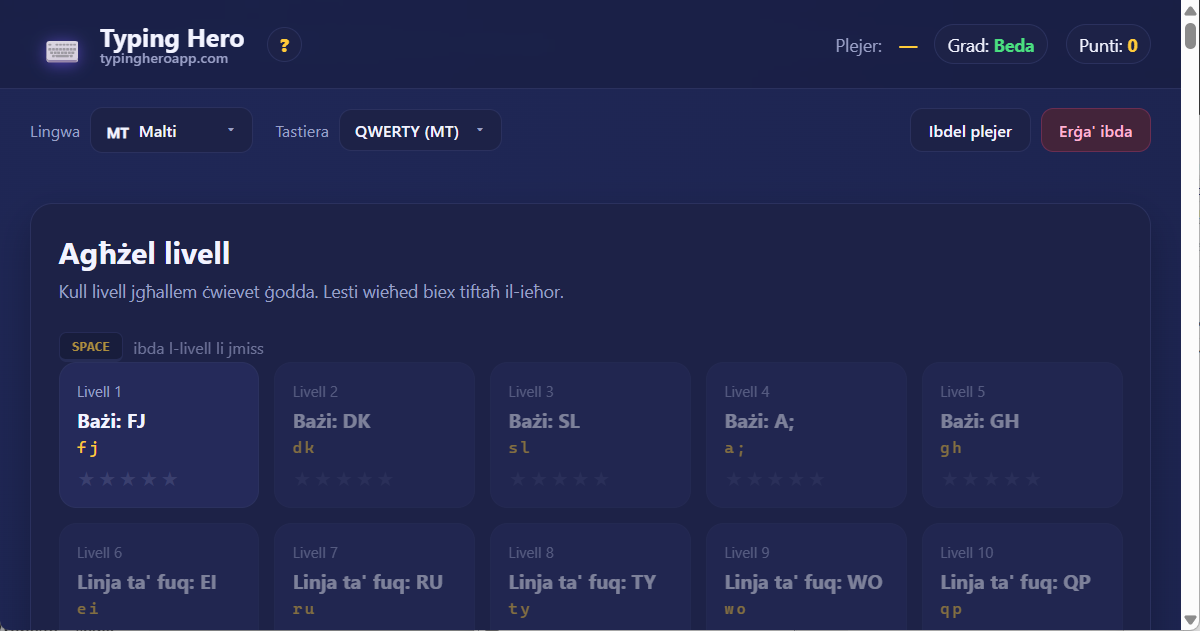 Typing Hero App tutor tat-typing bil-Malti — screenshot tal-interfaċċja