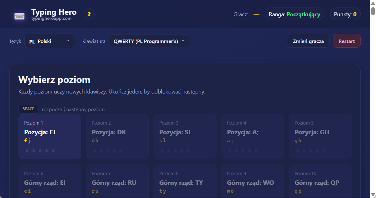 Typing Hero App polski nauczyciel pisania — zrzut ekranu interfejsu