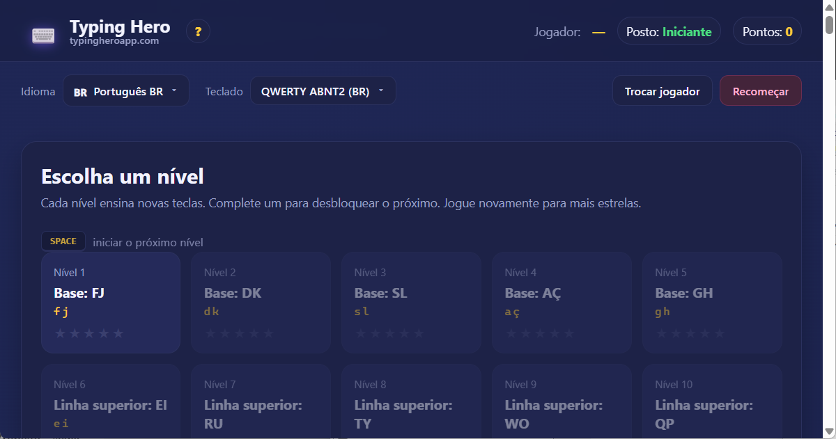 Typing Hero App tutor de digitação em português brasileiro — captura de tela da interface