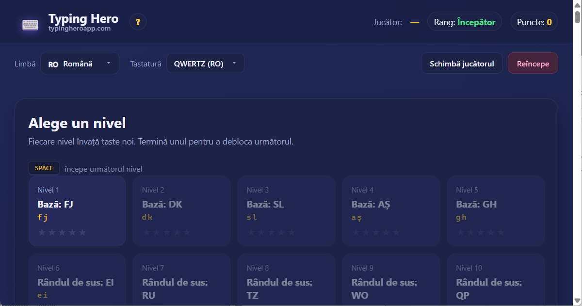 Typing Hero App curs român de dactilografie — captură de ecran a interfeței