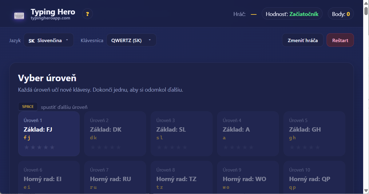 Typing Hero App slovenský kurz písania všetkými desiatimi — snímka obrazovky rozhrania
