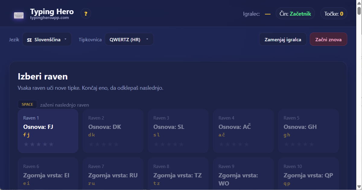 Typing Hero App slovenski tečaj slepega tipkanja — posnetek zaslona vmesnika