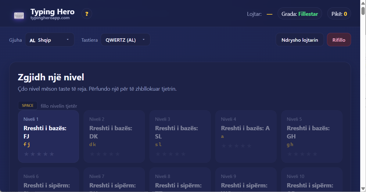 Typing Hero App mësues daktilografie në shqip — pamje e ekranit të ndërfaqes
