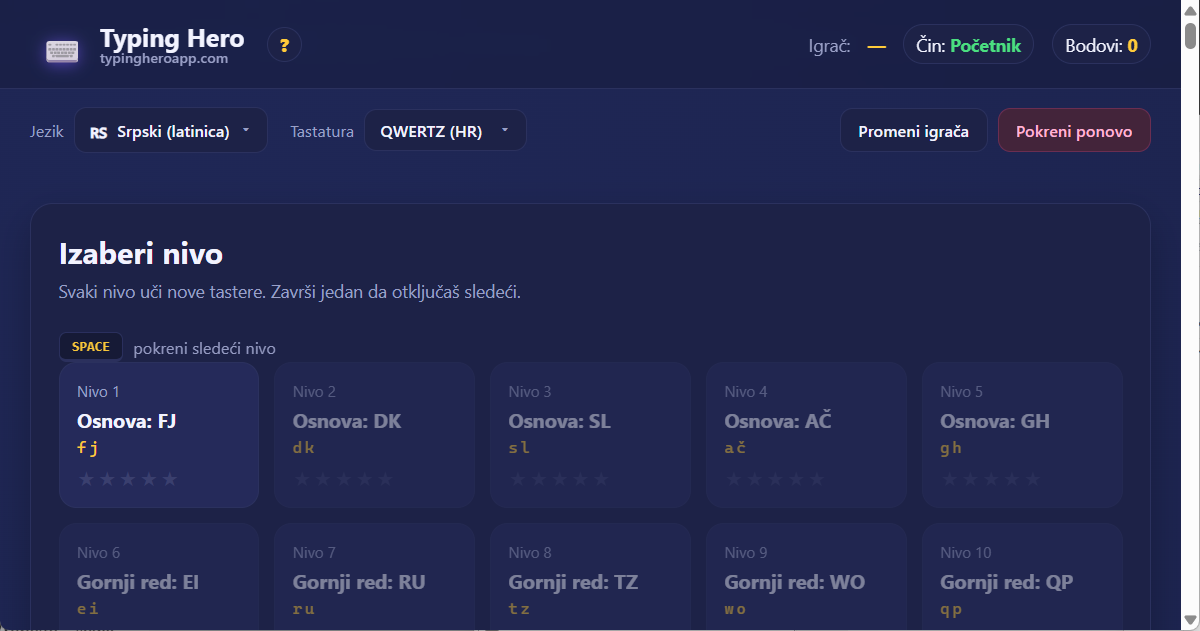 Typing Hero App srpski kurs slepog kucanja — snimak ekrana interfejsa