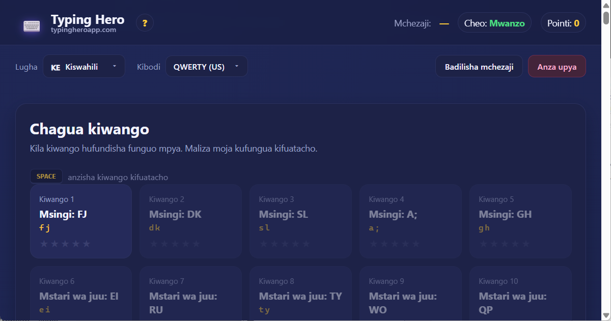 Typing Hero App mwalimu wa kuandika Kiswahili — picha ya skrini ya kiolesura