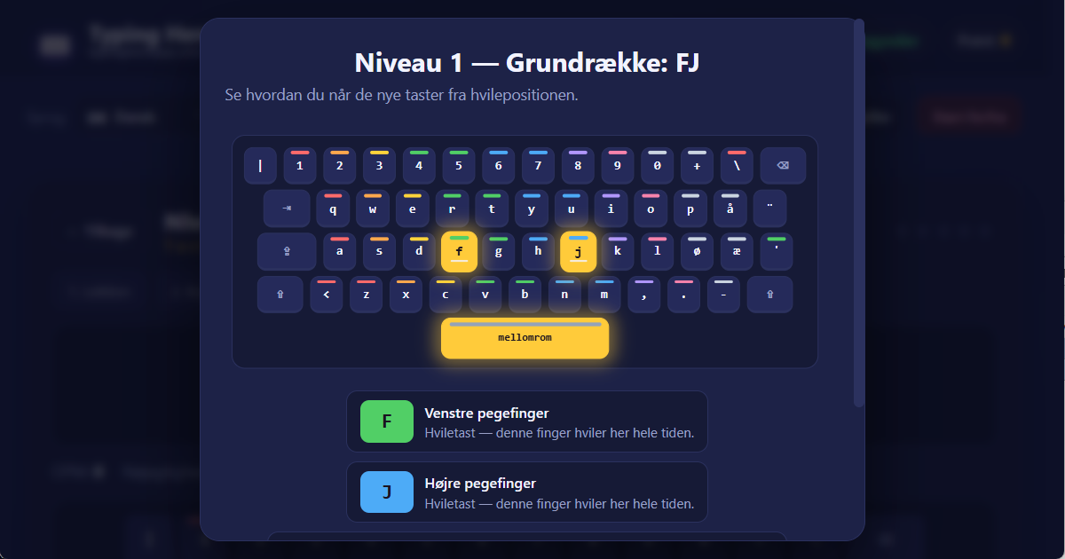 Fingerpositioner på QWERTY (NO/DK) tastaturet for dansk 10-finger blindskrivning — lektionsillustration