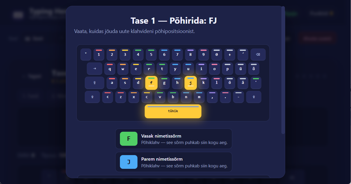 Sõrmede asendid QWERTY (EE) klaviatuuril eesti kümne sõrme puutetrükiks — õppetunni illustratsioon