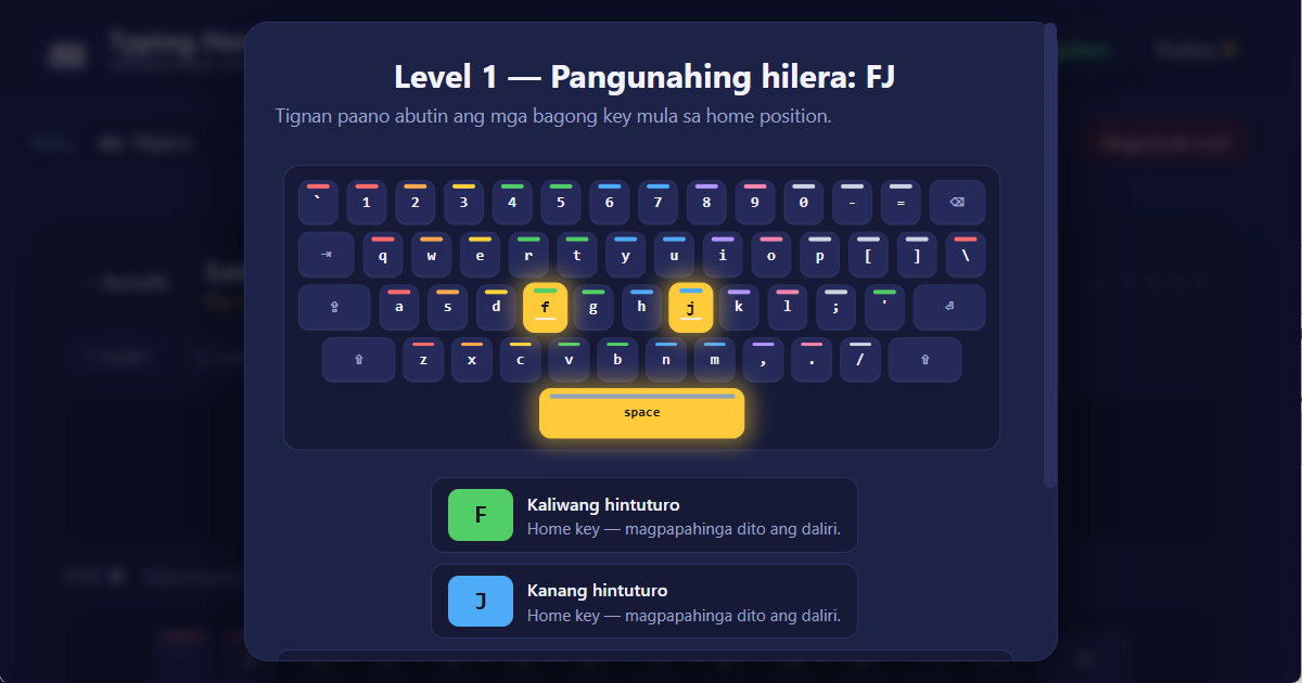 Mga posisyon ng daliri sa keyboard na QWERTY (US) para sa 10-finger pag-type sa Filipino — paglalarawan ng aralin
