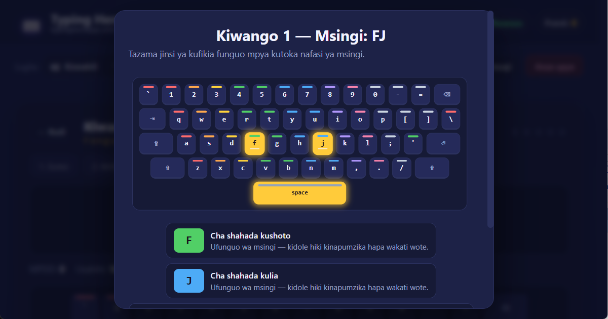 Nafasi za vidole kwenye kibodi ya QWERTY (US) kwa kuandika kwa vidole 10 Kiswahili — kielelezo cha somo